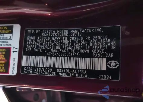 2013 Toyota Avalon Premium/Touring/Limited from USA, damaged, VIN 4T1BK1EB6DU065951